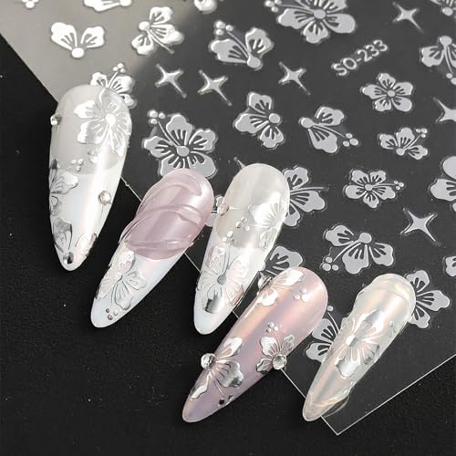 FOXIIU 6 Sheets Silver Nail Art Stickers, 3D Self-Adhesive Moon Star Floral Decals