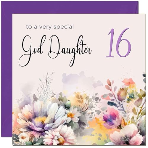 Premium Purple Floral 16th Birthday Card for God Daughter