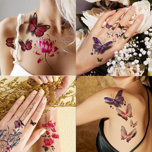 3D Flower Butterfly Temporary Tattoos - 60 Sheets Colorful Waterproof Fake Tattoo Stickers for Women and Girls