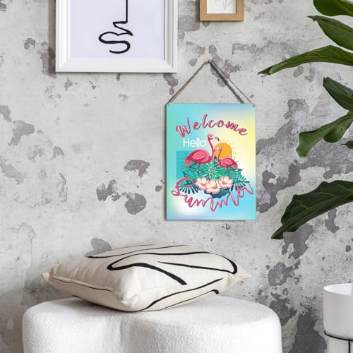 Flamingo Welcome Summer Door Hanger - 8" x 10" Wooden Sign