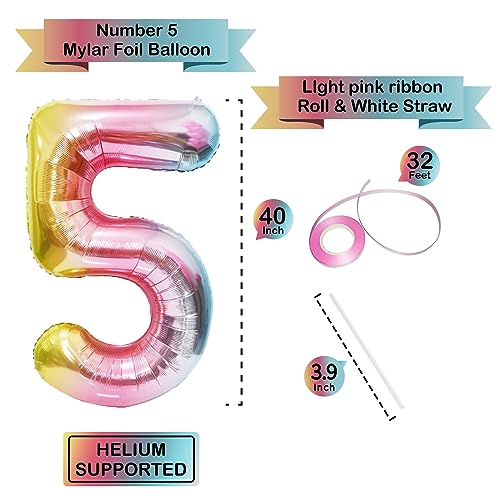 40-Inch Giant Rainbow Number 5 Balloon for Birthday Parties