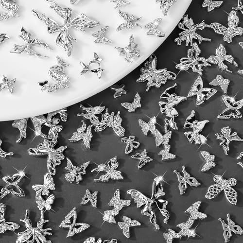 60Pcs 3D Butterfly Nail Charms Silver Rhinestone Alloy Manicure Decor