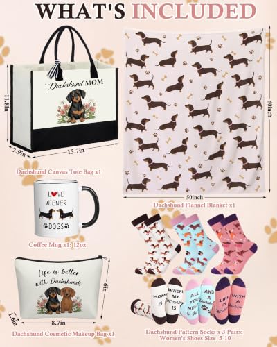Dachshund Gift Set for Women - Dog Mom Gifts with Blanket, Tote, Socks & Mug - Variation of Dachshund