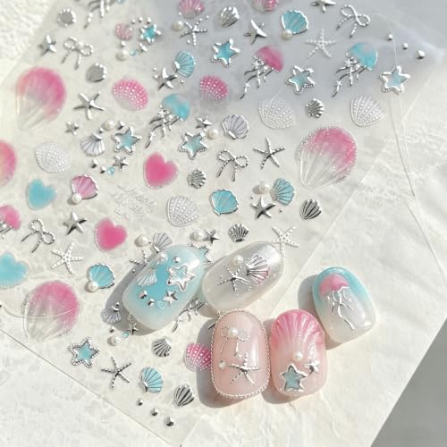 5D Embossed Shell Nail Stickers Silvery Ocean Starfish Decals