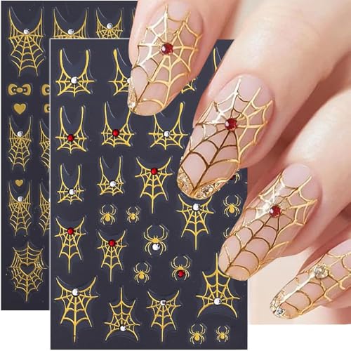 KAICCOSO 5D Embossed Spider Web Nail Stickers 4Pcs Self-Adhesive Cobweb Decals