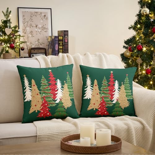 Christmas Pillow Covers Set of 2 18x18 Inches Green Tree Holiday Decor Linen