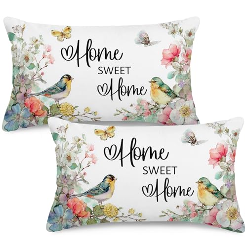 Home Sweet Home Floral Bird Lumbar Pillow Covers - Set of 2, 12x20 Inch