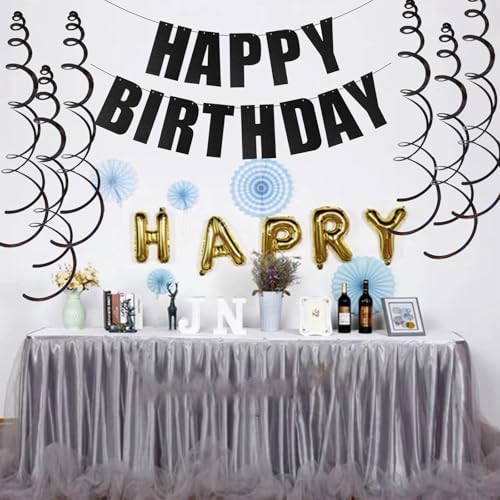 Black Glitter Happy Birthday Banner with Hanging Swirls - 7pcs Set