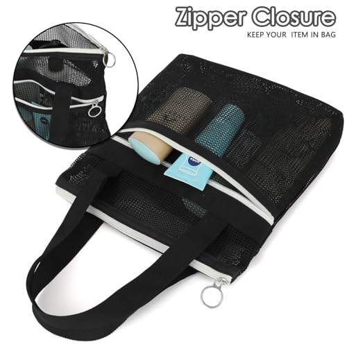 Small Black Mesh Shower Caddy with Zipper Pockets - Quick-Drying Portable Tote