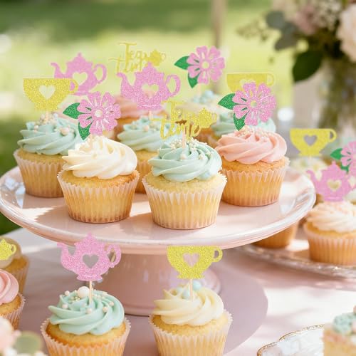 12PCS Elegant Tea Party Cupcake Toppers Set - Glitter Teapot & Teacup