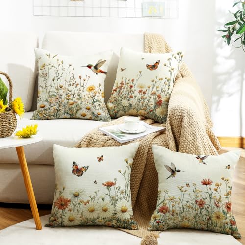 Wyooxoo Spring 18x18 Inch Set of 4 Farmhouse Floral Bird Pillow Covers for Sofa, Outdoor & Bedroom Decor