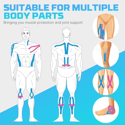 80 Strips Kinesiology Tape, 4 Rolls Precut Athletic Tape Elastic Waterproof Sports Tape 2 Inch x 16 Feet Body Tape with Scissors for Joint Support Muscle (Beige, Black, Blue, Pink)