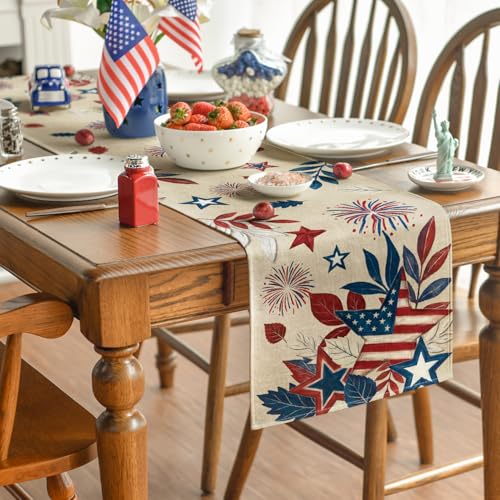 13x60 Inch Fireworks American Flag Stars Table Runner - 4th of July Memorial Day Decor