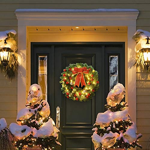 16-Inch Pre-lit Christmas Wreath with Hanging Hook and 40 LED Lights - Battery Operated Holiday Decor
