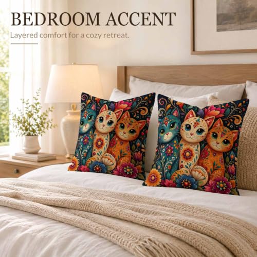SheEasy 16x16 Inch Colorful Cats Pillow Cover - Farmhouse Linen Decor, Pack of 1