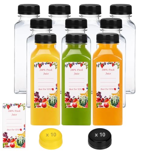 Reusable 12oz Plastic Juice Bottles with Tamper-Evident Caps - 10 Pack