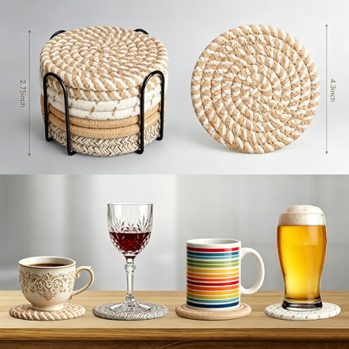 CHIYOSING Set of 8 Cotton Woven Coasters with Holder, Absorbent & Durable