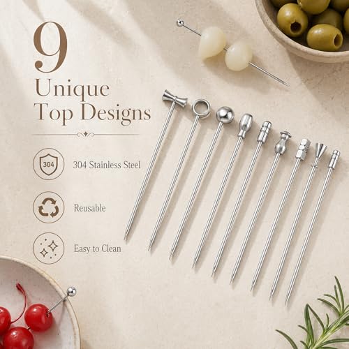 9-Piece Stainless Steel Reusable Cocktail Picks Set
