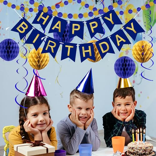 Blue Birthday Decorations Set with Banner, Honeycomb Balls & Swirls