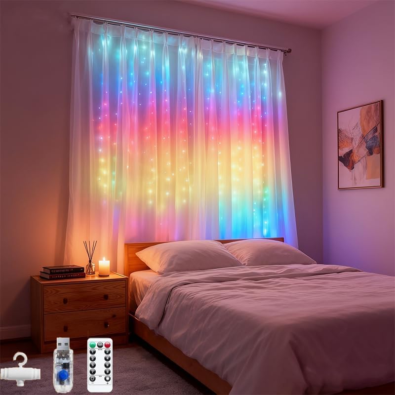 Skiennix 300LED Fairy Curtain Lights - 9.8x9.8Ft Warm White USB with 8 Modes & Timer for Indoor/Outdoor Decor