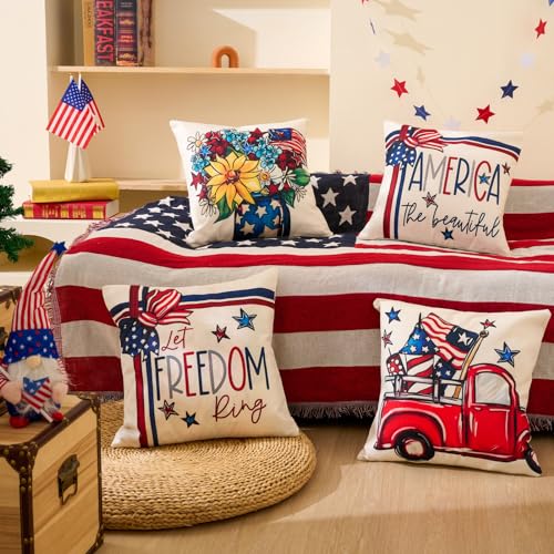 Hongsome 4th of July Patriotic Throw Pillow Covers 18x18in Set of 4, USA Flag Linen Decorations