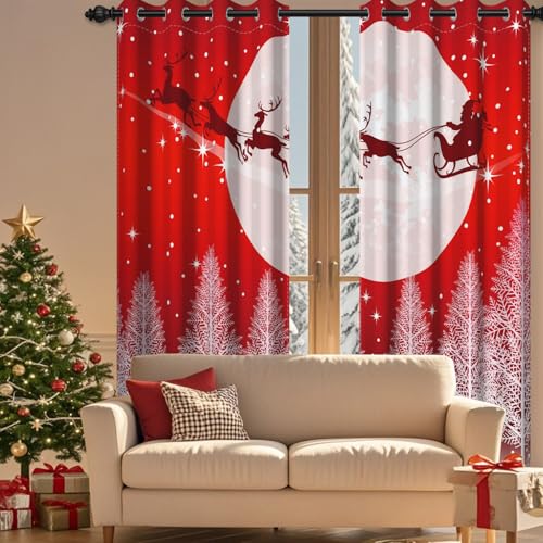 Christmas Blackout Curtains for Bedroom Living Room 84 Inch Length 2 Panels Set Red Reindeer