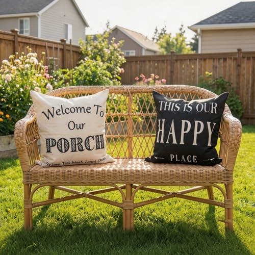 JOJOGOGO Happy Place Outdoor Pillow Covers 18x18, Waterproof Set of 2