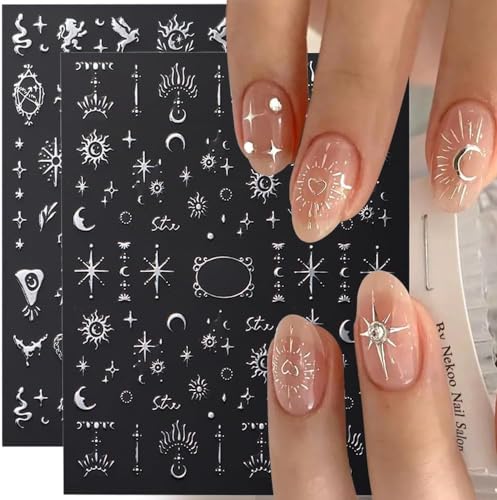 Lismyakey 3D Star Moon Embossed Nail Stickers Self-Adhesive Decals 5 Sheets
