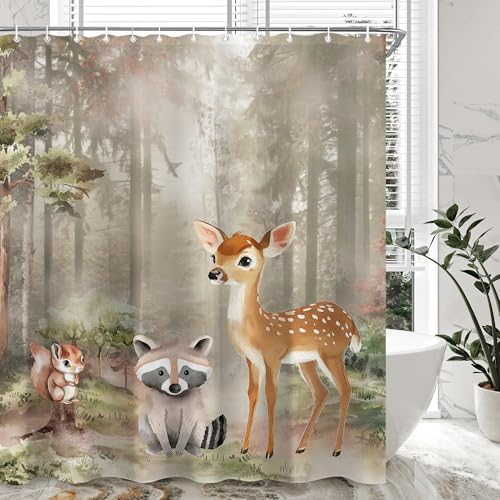 CINEKER Forest Animal Shower Curtain Set - 60x72 Inch Watercolor Woodland