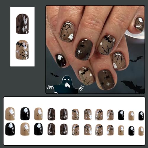 Halloween Press on Nails Short Square Brown Spider Web False Nails 24 Pcs