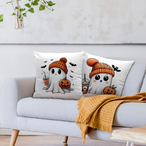 Fall Ghost Pillow Covers 18x18, Soft Flannel Halloween Decor (Set of 2)