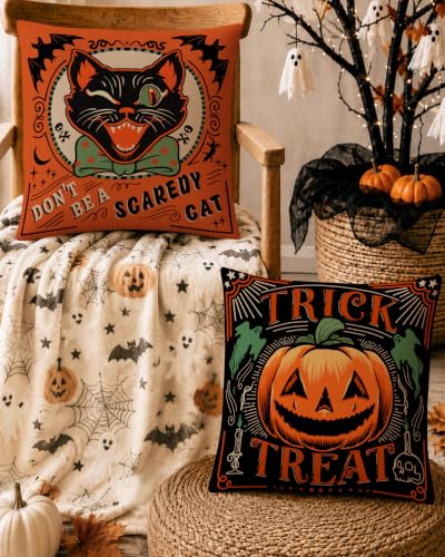 Halloween Throw Pillow Covers, 18x18 Rustic Linen Ghost Decor - Set of 2
