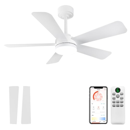 GESUM 40 Inch Ceiling Fans with Lights, Outdoor Ceiling Fan with APP and Remote Control, Reversible, 6 Speeds, 3CCT Dimmable, White Ceiling Fan with Light for Living Room Bedroom (White)