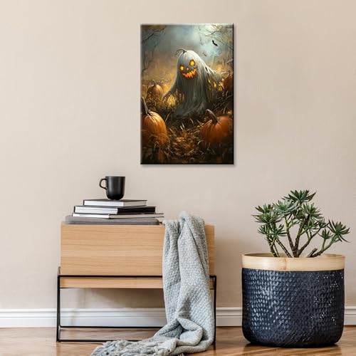 Vintage Halloween Wall Art - Ghost & Pumpkin Poster 12x16in