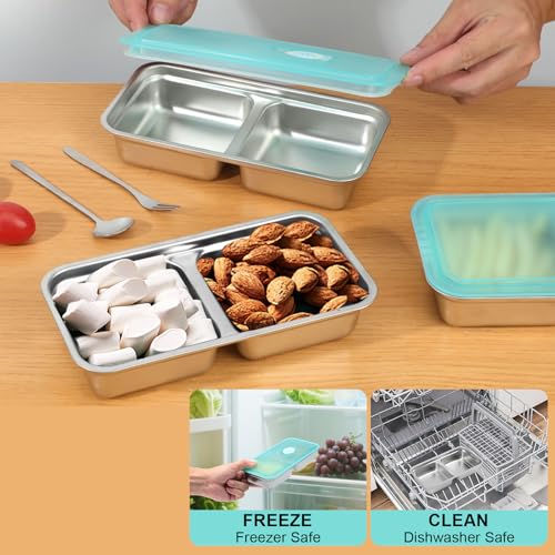 KITHELP Stainless Steel Double Compartment Snack Containers - Blue (2 Pack)