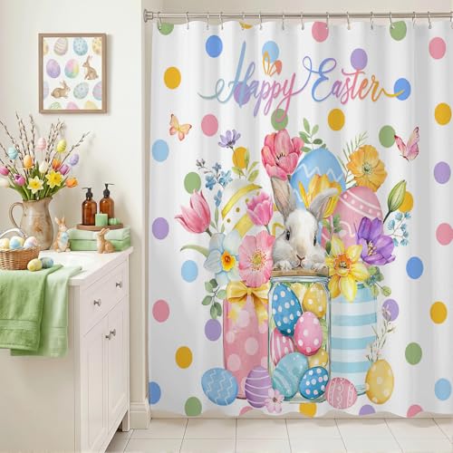 Easter Shower Curtain 72x72 Inch - Cute Bunny & Colorful Eggs