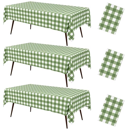 3-Pack Sage Green Checkered Disposable Tablecloths - 54x108 Inch Waterproof Plastic Covers for Parties & Picnics