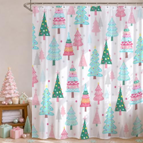 Pastel Christmas Tree Shower Curtain Pink Teal 72x72 Inch - Pack of 1