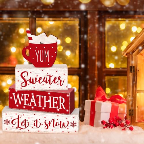 Red Winter Christmas Block Signs Set - 4 Pcs Tabletop Decor with Rustic Farmhouse Charm (Variation: White, Red)