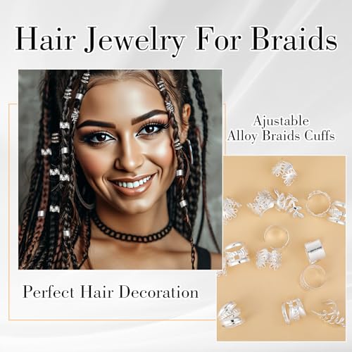 Ymapinc 40Pcs Silver Hair Cuffs for Braids & Dreadlocks Metal Jewelry