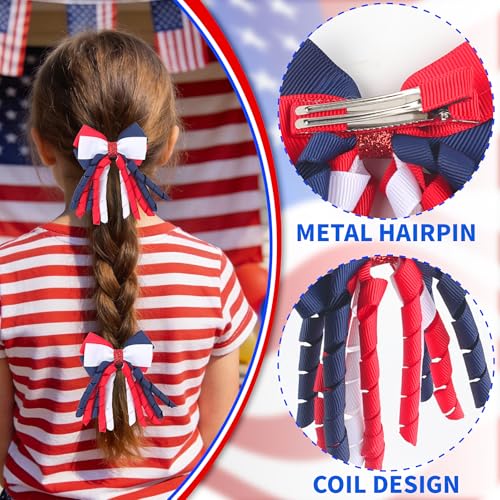 Doneace Independence Day Hair Bow Clips - 2 Pcs Red White Blue Curly Ribbon Hairpins for Girls