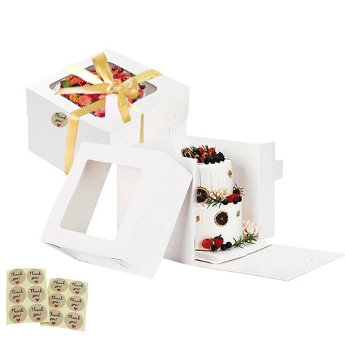 KoberrLi 2 Pack Cake Boxes with Ribbons 12x12x12 inch Tall Large White Bakery Square Cake Boxes with Window for Weddings Birthdays Decorating
