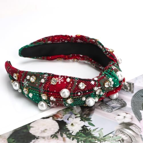 AMCAMI Christmas Green Checkered Pearl Rhinestone Knotted Headband