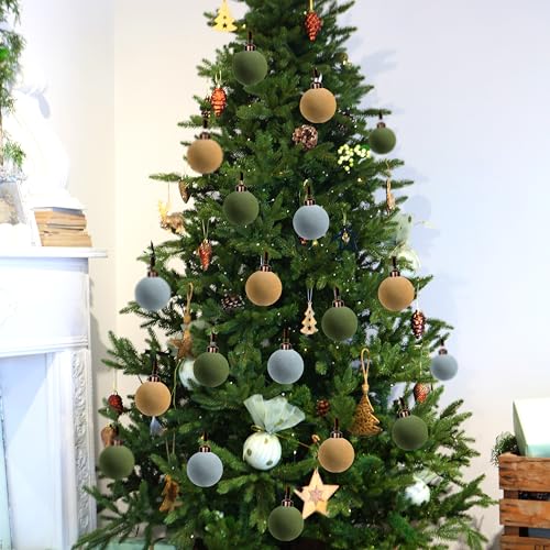 Velvet Christmas Balls Set - 30 Pcs 2.4 Inch Shatterproof Holiday Ornaments in Green Khaki Dusty Blue