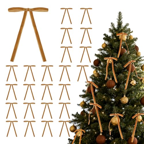 24 Pcs Khaki Velvet Christmas Bows for Tree & Wreath Decor