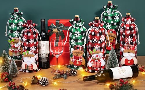 Christmas Wine Gift Bags - Buffalo Plaid Red & Green with 3D Dolls, 8 Pack