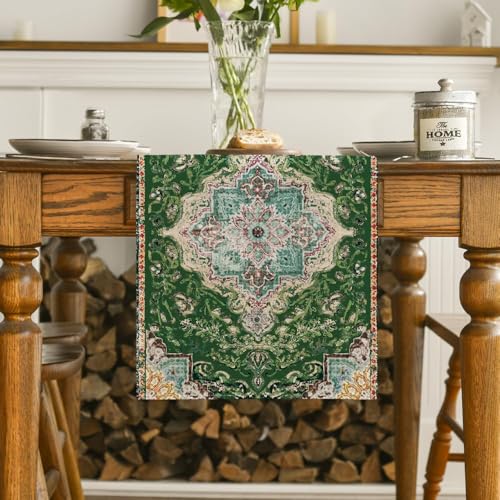 Green Boho Table Runner 13x72 Inch - Rustic Farmhouse Holiday Decor