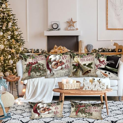 Lanpn Vintage 16x16 Christmas Pillow Covers Set of 4 - Retro Holiday Designs