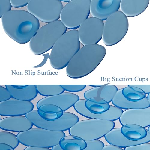 Webos Pebble Clear Blue Bath Shower Mat Non Slip Extra Large 16x40 Inch with Drain Holes