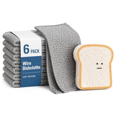 Muwfeuin Non-Scratch Wire Dishcloths 6-Pack with Sponge